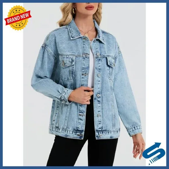 Oversized Denim Jacket Boyfriend Fit Long Sleeve Button Front